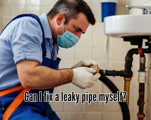 Plumber kneeling to fix a pipe leak.